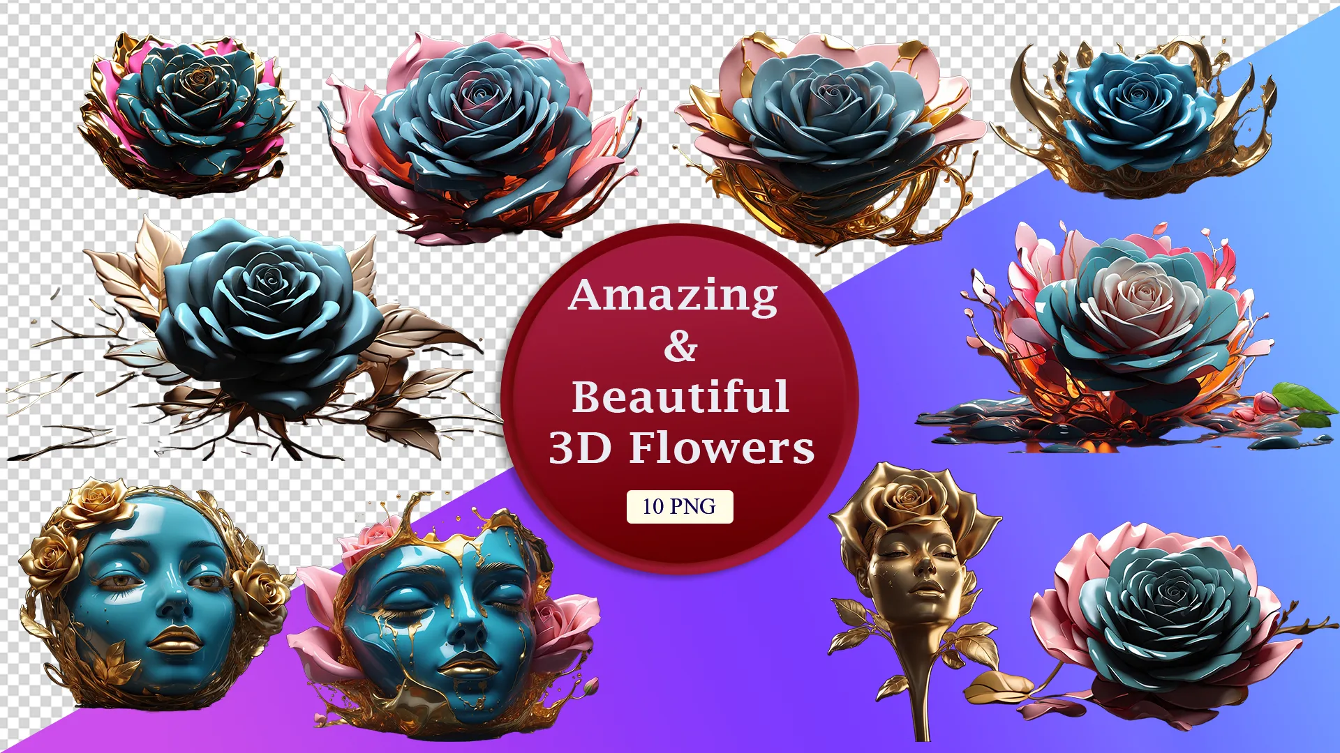 Elegant Floral Art and Surreal Faces PNG Bundle image